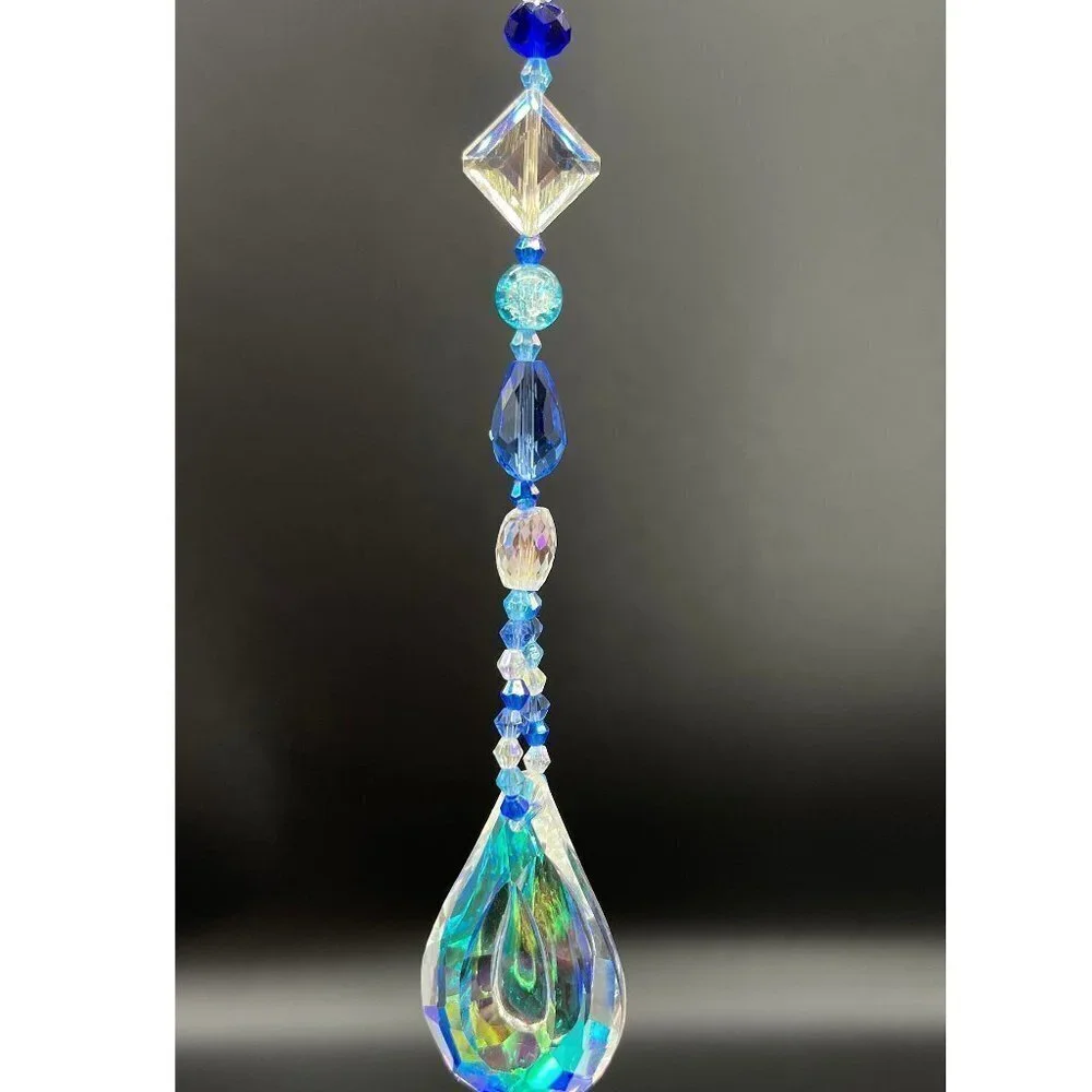 Blue Beaded Suncatcher - Clear Crystal Prism - Indoor Outdoor Hanging Decor